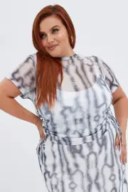 Multi Abstract Mesh T-shirt Drawstring Side Short Sleeve