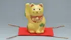 Japanese Lucky Cat Yellow Kyoto Rakunyu-Kiln Earthware Maneki Neko With Cushion