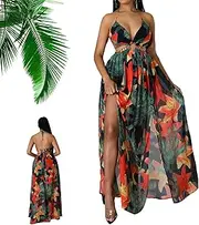 [Generic] Fashion Women's Floral Print Chain Decor Split Thigh Tie Back Cami Dress, Ring Linked Backless Maxi Dress for Beach Chic