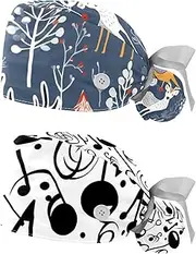 [YTYVAGT] 2-Pc,Nurse Scrub Caps,Scrub Hats with Buttons and Cotton Sweatband,Animals Fox Owls Deer