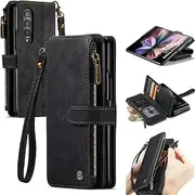 [ELEPIK] Galaxy Z Fold 4 Wallet Case with Card Holder, Kickstand, Wristlet for Women Men, Durable Leather Magnetic Wallet Phone Case for Samsung Galaxy Z Fold 4, Elegant Black