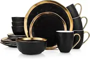 [Stone Lain] Modern Poreclain 16 Piece Dinnerware Set, Plates and Bowls Set, Dish Set for 4, Black and Golden Rim