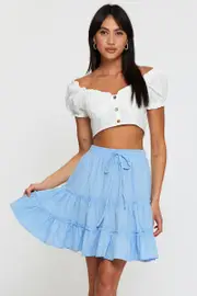 Blue Elastic Waist Frill Hem Skater Skirt - Size 8, Women's Short Skater