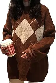 [Lunoakvo] Women Geometric Pattern Argyle Pullovers Loose Oversized O-Neck Knitted Sweaters Jumper