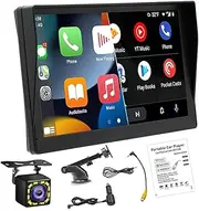Portable Wireless Apple CarPlay and Android Auto Car Radio Stereo with Sunshade, 9 inch Touchscreen Monitor Bluetooth Car Stereo with DVR, Mirror Link/FM/AUX Transmitter for 12V-24V Vehicle