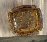 VINTAGE AMBER GLASS PEBBLE BUBBLE ASHTRAY TEXTURED ART GLASS MCM 6”