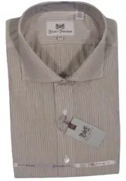 NEW $145 Hickey Freeman Dress Shirt! 14.5 33 34 *Tan White & Gray Stripe*