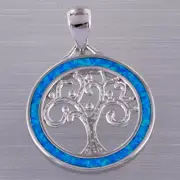 Tree of Life Ocean Blue Fire Opal Silver Jewelry Necklace Pendant
