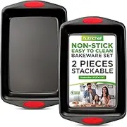NutriChef 2-Piece Baking Pan Set - PFOA, PFOS, PTFE Free Flexible Nonstick Black Coating Carbon Steel Bakeware - Professional Home Kitchen Bake Cookie Sheet Stackable Tray w/Red Silicone Handles