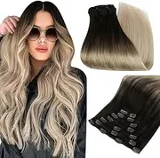 Full Shine 16" Clip In Hair Extensions Ombre Balayage Color #2 Darkest Brown Fading To Color #18 Ash Blonde And Color #60 Real Human Hair Remy 100g 10Pcs