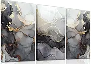 3Pcs Framed Modern Abstract Black and Gold Canvas Wall Art Fluid Lines Marble Pictures Posters Prints Painting White Grey Wall Decor for Bathroom Bedroom Living Room Office16x24inx3pcs Home Decoration