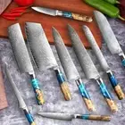 Chef Santoku Boning Cleaver Bread Utility Knife Set Damascus Steel Resin Handle