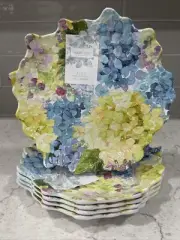 Set 5 Shabby Chic 8.5” Hydrangea Melamine Salad Side Plate Blue Yellow Floral