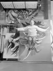 Artist Taro Okamoto poses for photographs January 18 1963 Tokyo Ja- Old Photo