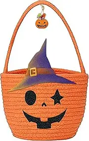 Halloween Pumpkin Basket for Kids, Woven Rope Candy Basket, Halloween Decorations, Small Woven Rope Basket bins, Orange