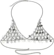 [Generic] Sexy Silver Star Fringe Bra Bikini Chain Body Chain Star Beach Jewelry Waist Underwear Chain for Women, average size, Non-Precious Metal, No Gemstone