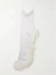 [Alessandra Rich] Alessandra Rich - Asymmetric Feather-trimmed Silk-satin Gown - White - IT40 IT 40 White