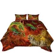 Cool Fantasy Art Chinese Dragon vs Tiger in Fire Coverlet