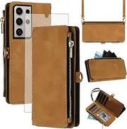 [Asuwish] Mobile Phone Case for Samsung Galaxy S24 Ultra 5G Case with Strap and Film Screen Protector RFID Card Slot Foldable Leather Flowers Wallet Stand S24Ultra 24S S 24 24Ultra Wallet Cases Phone