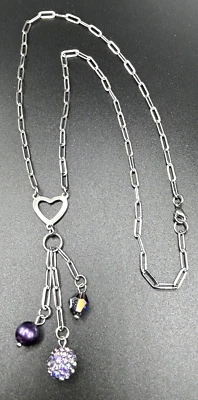 Heart Paperclip Chain Y-Drop Necklace 20" w Purple Pearl, Pave ,Austrian Crystal