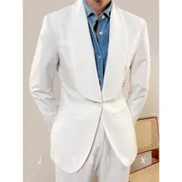 在飛比找ETMall東森購物網優惠-JUESION 青果領白色西裝套裝男商務紳士修身一粒扣結婚禮