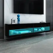 Wall Mounted TV Cabinet Floating Shelft Wood Unit 2 Doors Storage High Gloss Front Black 200cm