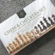 NEW NIB ALEX & ABEL CLASSY CHESS CHECKERS BOARD SET WOOD VENEER INLAY 15"