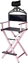 Folding Director Chair with Headrest, Portable Makeup Chair and Ottoman with Canvas Back, Aluminum Portable Chair for Outdoor, Beach, Office, Home,Pink,58x42.5x110cm
