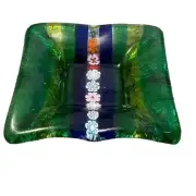 4.5" Murano Fused Glass Green Millefiori Square Dish Key Trinket Plate