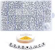 YUESUO Craft Beads Acrylic Round Letter/Number/Pattern Beads Kit, 1230 Pcs 3.5x7mm White Beads (Black Letter A-Z and Heart), Crystal Line