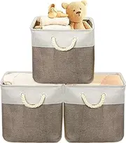 SimpleHouseware 3 Pack Cube Storage Basket Bins, 33 x 33 cm with Cotton Handle, Brown