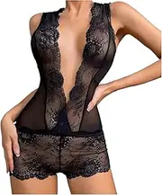 [Woblesal] Ladies Plunge V Neck Mini Dress Sexy Lace Bodycon Pencil Nightdress Sleeveless See Through Lingerie Negligee Teddy