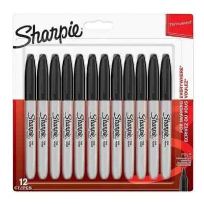 Sharpie Permanent Markers Fine Tip, Black - 12 Pack - Paper Metal Plastic Wood
