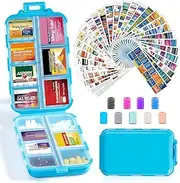14 Grids Travel Pill Organizer Box with 415-Pcs Medicine Name Labels - Pocket Daily Pharmacy Case Container Kit - Travel Medication Holder Dispenser for Fish Oil Vitamin Supplement Storage - Blue