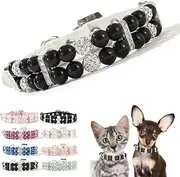 [Teleyi] Blackwhite Cat Pearl Necklace Collar,Bling Rhinestone Crystal Luxury Beaded Puppy Necklace Fancy Pretty Cute Diamond Jewel for XXS XS Small Medium Female Girls Kitten Pet Cat Birthday,M