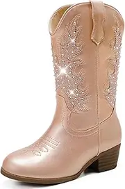 [Motasha] Sparkly Rhinestone Cowgirl Boots Toddler to Big Kids Mid Calf Zipper Low Heel Pointed Toes Party Birthday Dress Up