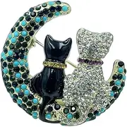 [IMINI] Crescent Moon Couple Cats Brooch - Turquoise & Crystal Rhinestone Jewellery, Vintage Funny Statement Animal Kitten Lapel Pin for Women Girls, Elegant Scarf Bag Accent Gift, Medium, Metal