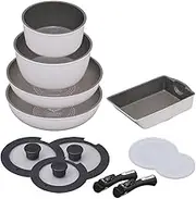 Iris Ohyama ISN-SE12 Frying Pan Set Frying Pan Set, 12 Pieces, Gas Fire, Induction Compatible, Lightweight, Easy to Clean, Removable Handle, Diamond Coated Pan, White/Marble