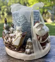 Ceramic Santa Sleigh Snowmen Holder + Pillar Candle Christmas Holiday Gift New