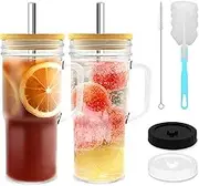 Glass Cup with Lids and Straws 24oz/700ml Mason Jar Drinking Glass with Handle Straw Brush Cup Brush for Water Iced Tea or Coffee (2)