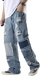 [Zylphorix] Men Patched Ripped Trendy Denim Pants Mid Rise Casual Hip Hop Loose Jeans Y2K Classic Comfortable Trousers, Light Blue, Large