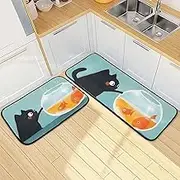 XYMZR Kitchen Mat Fish Cat Black for Floor, 2 Piece, Non Slip Washable Kitchen Rugs for Kitchen & Home Decor, Sink, Bathroom 19.7” x 27.6” + 19.7” + 47.2”