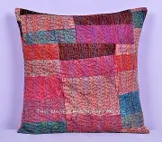 INDIAN PATCHWORK CUSHION COVER HAND STITCHED KANTHA PILLOW CASE BOHEMIAN THROW