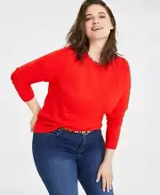 On 34th Crewneck Long-Sleeve Sweater Plus Size 0X Stretch Fiery Red