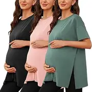 [Liu & Qu] Women's Maternity Shirts Short Sleeve Pregnancy Tops Loose Split Side Tunic Blouse Mama Clothes 3 Packs