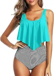 [Tempt Me] Two Piece Bikini Swimsuit for Women Ruffled Flounce Top with High Waisted Ruched Bottom Bathing Suit