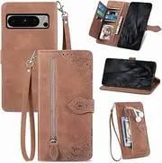 Refilerss Google Pixel 8 Pro Wallet Case Zipper Pocket with Card Holder Slot Magnetic Closure Lanyard Flip Cover for Pixel 8 Pro - Brown