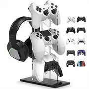 AIMALL 3 Tier Acrylic Game Controller and Headset Display Stand for PS5, PS4, Switch, Xbox, and Pro Controllers Universal Clear Holder with Earphone Bar 11.9in x 5.5in Sturdy Organizer