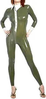 [DAIJES] Transparent Green and White Latex Catsuit with Buttons Zipper Turn Down Collar Rubber Bodysuit