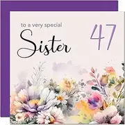 47th Sister Birthday Card - Purple Floral Sister's Birthday Card for 47 Year old forty forty seven, forty seventh